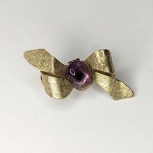 Vintage Golden Tone Bow Brooch Brushed Metal Polished Purple Glass or Stone